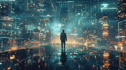 Wall Mural - Businessman walking on digital road in cityscape at night, data technology concept with hologram background.