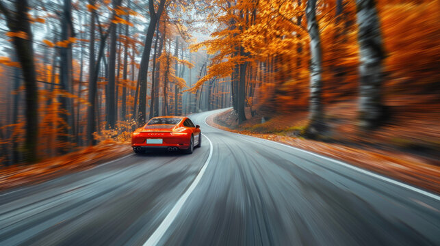 Amongst the autumn foliage, a car zooms with a motion blur effect on the road