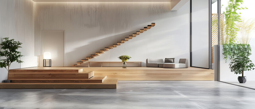 Minimalist interior design with beton concrete floor, modern furniture, white walls, and wooden staircase, illuminated by studio lights