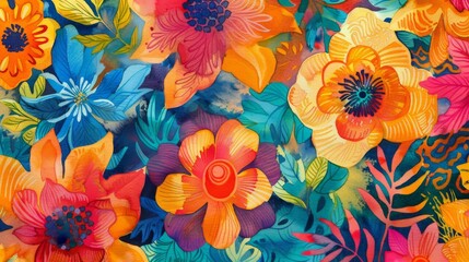 Wall Mural - A colorful painting of flowers with a blue background