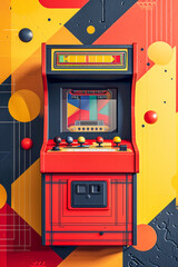 A red arcade game with a yellow background