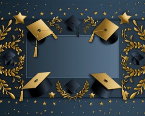 Wall Mural - Elegant Graduation Themed Background with Gold and Black Caps, Laurels, and Stars on Dark Blue for Diplomas and Invitations