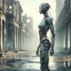 Wall Mural - Cyber Woman with Model Engine: A futuristic depiction of a woman standing alongside a sleek, cybernetic engine, blending technology and femininity seamlessly