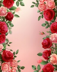 Sticker - Elegant Floral Border with Red and Pink Roses on a Soft Gradient Background Perfect for Invitations and Greeting Cards