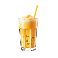 Wall Mural - filled glass of mango milkshake with a straw isolated on white background