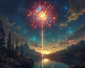 Wall Mural - Brilliant Fireworks Display Lighting Up a Serene Mountain Lake at Sunset with Starry Sky in Majestic Dusk Scenery