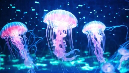Wall Mural - Fluorescent jellyfish swimming, transparent jellyfish underwater shots with a glowing jellyfish moving in the water.