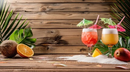 Tropical cold drink in summer decorations background