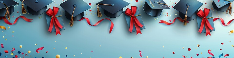 Sticker - Row of Graduation Caps with Red Ribbons and Colorful Confetti Celebrating Academic Achievement on Light Blue Background