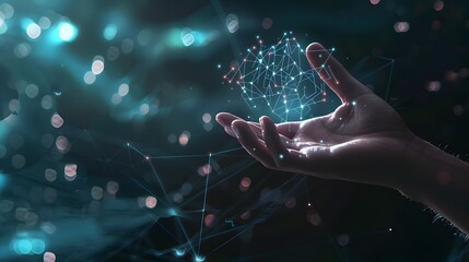 Poster - Digital Hand Holding Interconnected Glowing Nodes Symbolizing Technology and Innovation