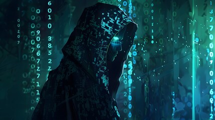 Wall Mural - Hooded Figure Amid Futuristic Digital Landscape with Glitches and Binary Data