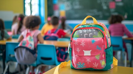 Poster - Diverse Group of Students Seated in Classroom Setting with Colorful Backpacks