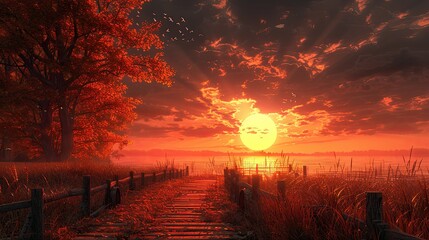 Wall Mural - Sunset Silhouette: The pathway silhouetted against a breathtaking autumn sunset, perfect for ads focusing on the beauty and serenity of dusk. 