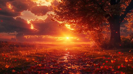 Wall Mural - Sunset Silhouette: The pathway silhouetted against a breathtaking autumn sunset, perfect for ads focusing on the beauty and serenity of dusk. 