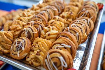 Wall Mural - Pastry tray close up. variety of delicious pastries 