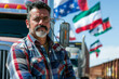 © ALLAI - Hispanic Male Truck Driver with Semi-Truck and Flags in Background