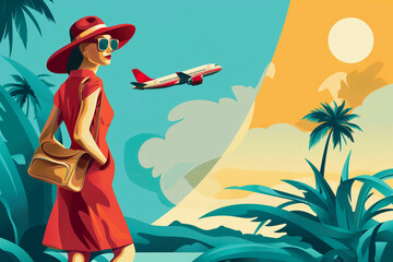 Retro Travel Poster with Woman and Airplane