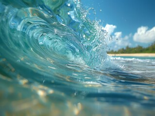 Wall Mural - A beautiful wave with clear water and a tropical sunny beach in the distance. 