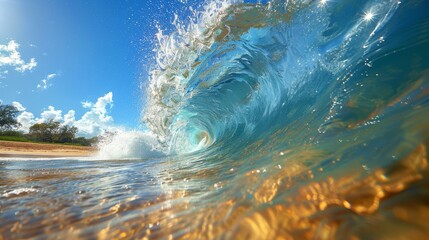 Wall Mural - A beautiful wave with clear water and a tropical sunny beach in the distance. 
