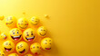 © W - A bunch of yellow smiley faces are arranged in a circle on a yellow background. The scene is cheerful and happy