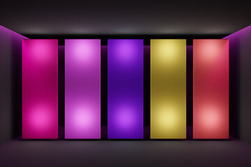 Fototapete - 3D illustration of a layout of multi-colored screens in a black room. Design, illustration for web banner, web and mobile, infographics. Application presentation concept