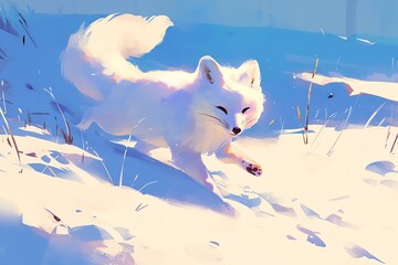 super cute illustration of an arctic fox hunting, vibrant colors, soft focus, detailed fur texture, 