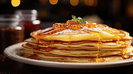 Wall Mural - Close-Up of pile of pancakes with melted sweet syrup and fruit toppings with a blurred background