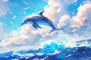 Wall Mural - Super cute illustration of a dolphin leaping out of the water, vibrant colors, soft focus, detailed fur texture, happy and playful mood