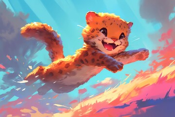 Wall Mural - Super cute illustration of a jaguarundi running, vibrant colors, soft focus, detailed fur texture, happy and playful mood