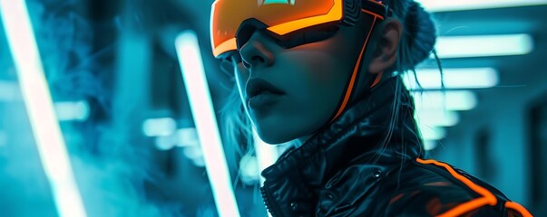 a person wearing a black jacket and orange hat, with an open mouth and a white ear, is seen wearing a virtual reality headset in the background, there is a blurry