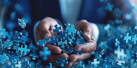 Wall Mural - Businessman holding human figure puzzle pieces in his hands and creating a network team structure, blue people on a white background, with high detail,