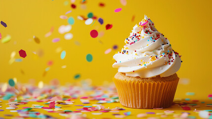 Wall Mural - birthday cupcake on yellow background with confetti