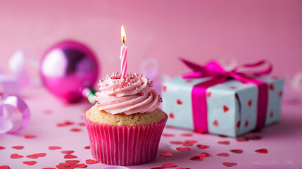 Wall Mural - cupcake with candles and present box on pink background