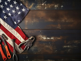 Wall Mural - Gorgious Top view of flat lay of different kinds wrenches with american flag