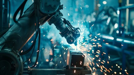Poster - industrial robot welding metal - an industrial robot arm performing precision welding on metal with 