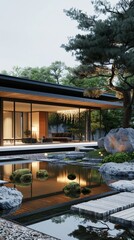 Wall Mural - Sleek, minimalist house with large windows and a flat roof, surrounded by a tranquil zen garden generated by AI