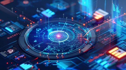 Poster - Futuristic digital interface and data analysis - Dynamic image of a high-tech digital interface with graphs and holographic elements, representing data analytics