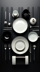 Wall Mural - Plate flat design top view buffet setup theme 3D render Black and white