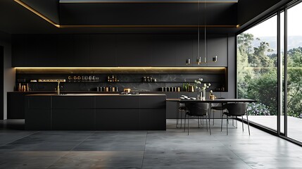 Wall Mural - Stylish black kitchen interior with a luxurious dining table and large window, 3d rendering