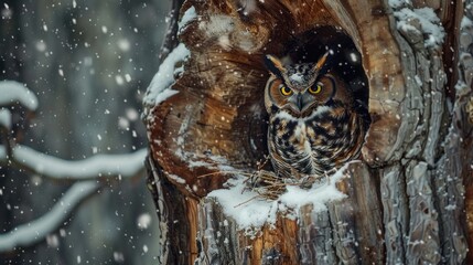 An owl perched protectively over its nest in a hollow tree, with the silent snowfall adding a layer of tranquility to this intimate family moment in the heart of the forest.