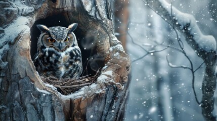 An owl perched protectively over its nest in a hollow tree, with the silent snowfall adding a layer of tranquility to this intimate family moment in the heart of the forest.