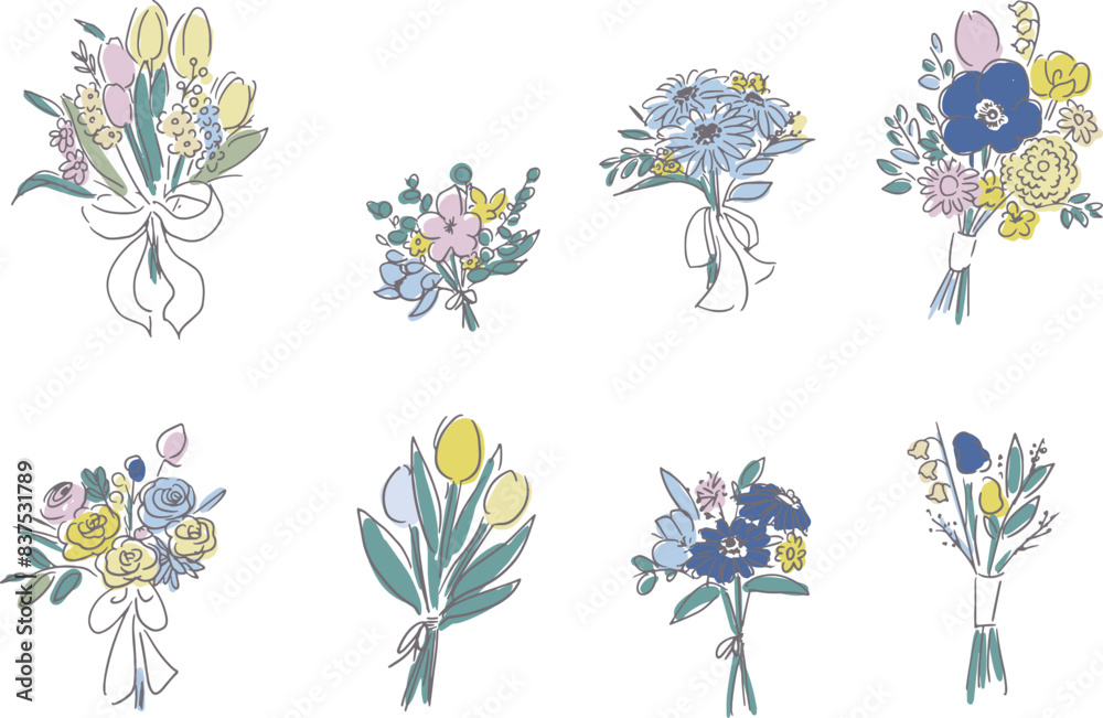 線画の花束イラスト。花束のベクターイラスト。手描きのウェディング