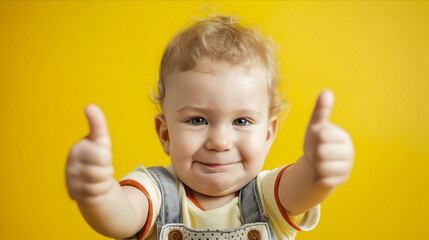 Poster - A baby is giving a thumbs up on a yellow background.