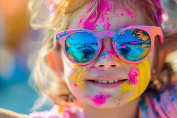 Sticker - A young girl with colorful paint on her face.