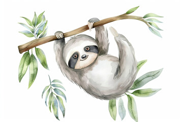 Wall Mural - Cute Sloth Hanging on Branch with Watercolor Leaves