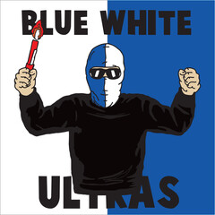 ultras football fans with color blue white and isolated with blue white background