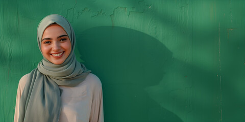 A portrait of a young smiling Muslim woman wearing a green hijab against a green background studio with copy space for text