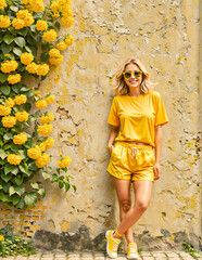 Blonde fashion model wearing yellow summer clothes with yellow flowers, posing against an old wall - Generative AI