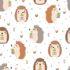 Wall Mural - Seamless pattern with cute hedgehogs