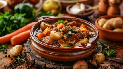Wall Mural - Rustic clay bowl filled with a hearty stew, surrounded by ingredients like carrots and potatoes generated by AI